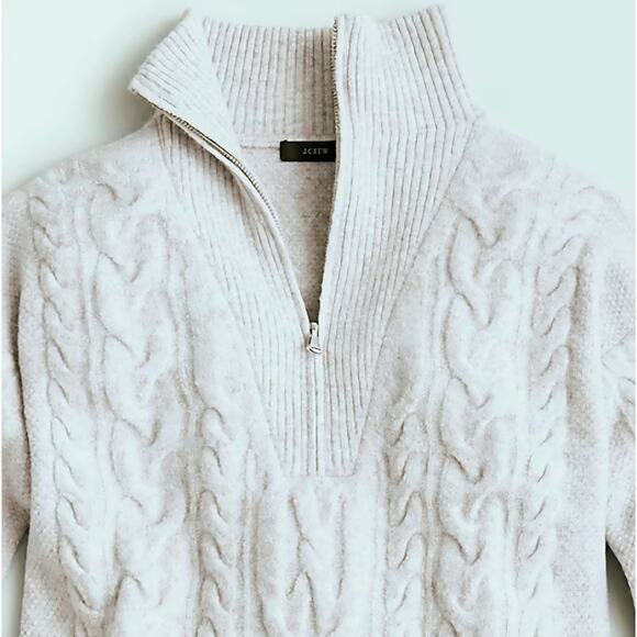 J. Crew Cable Knit Quarter Zip Sweater Womens Sz XL Marled Light Gray Plush - Picture 7 of 12